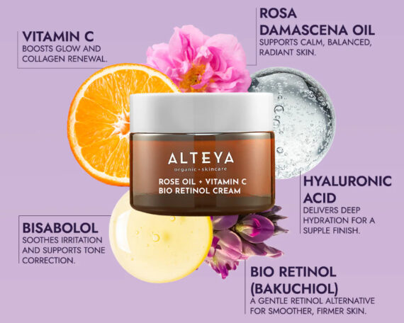 Ekoloģisks LUMINOUS ROSE BIO RETINOL sejas krēms - rožu eļļa + C vitamīns, 50 ml, ALTEYA - Image 3