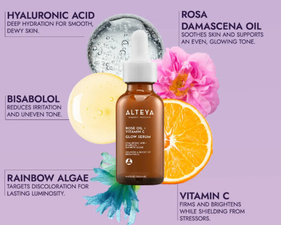 Ekoloģisks LUMINOUS ROSE GLOW serums - rožu eļļa + C vitamīns, 30 ml, ALTEYA - Image 3