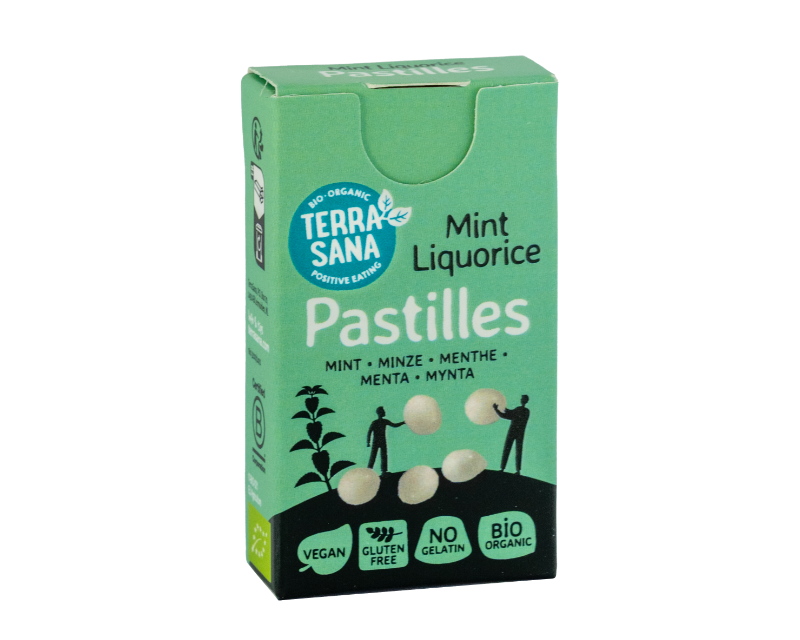 Bioloģiskas lakricas un piparmētru pastilas Bioloģiskas lakricas un piparmētru pastilas, 25 g, TERRASANA - Image 1